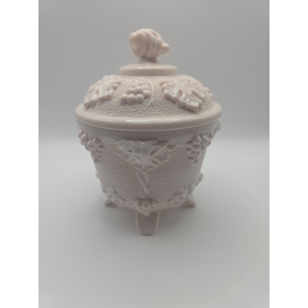 Jeannette Glass Pink Milk Glass Opaque Pink Four-Footed Grapes Leaves Candy Dish